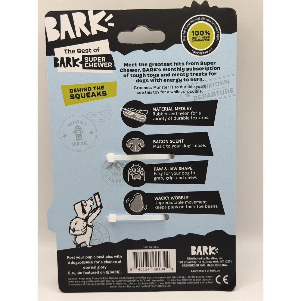 BARK Crocness Monster Dog Toy M Squeaky Bacon Scent Super Chewer Green Blue